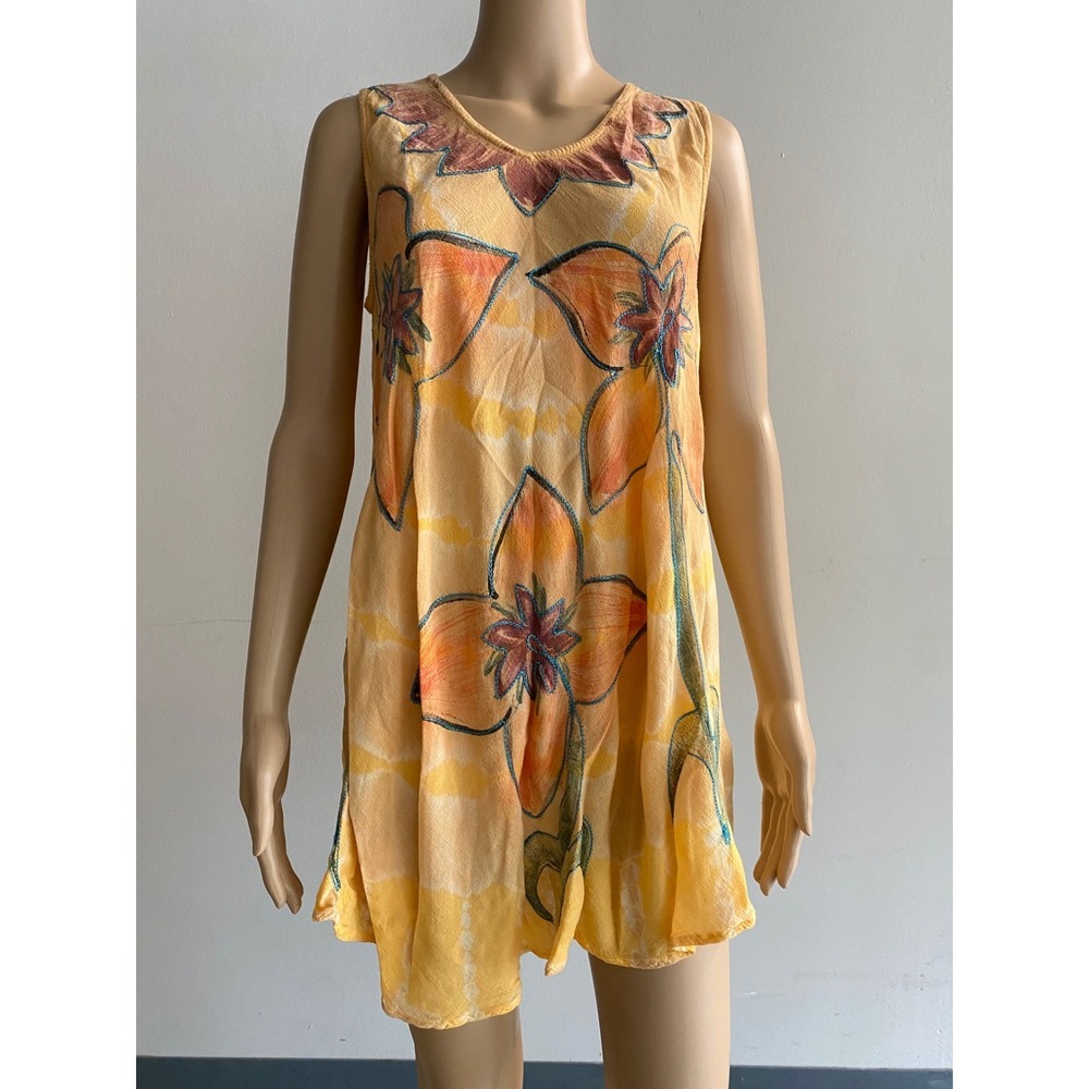 Sunflower Boho Floral Batik Crinkle Mini Dress Cover-Up Tunic Yellow Free Size